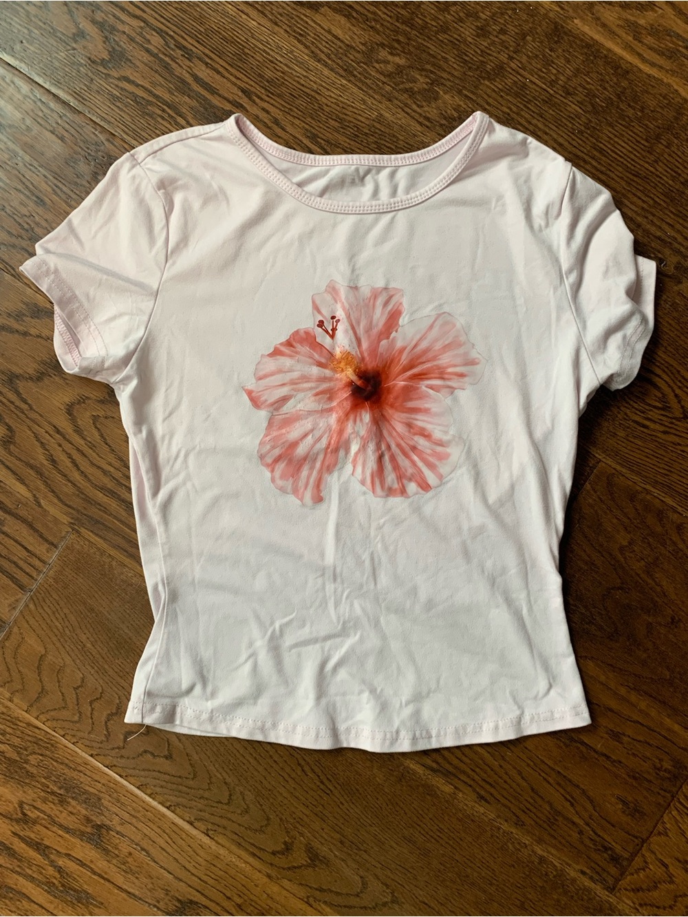 SHEIN Light Pink Short-Sleeve Tee with Hibiscus Flower Vinyl Print